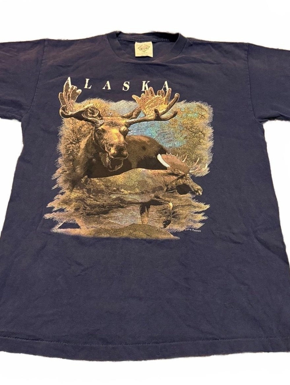 Single Stitch Prairie Mountain Alaska Moose Graphic T-Shirt Medium
